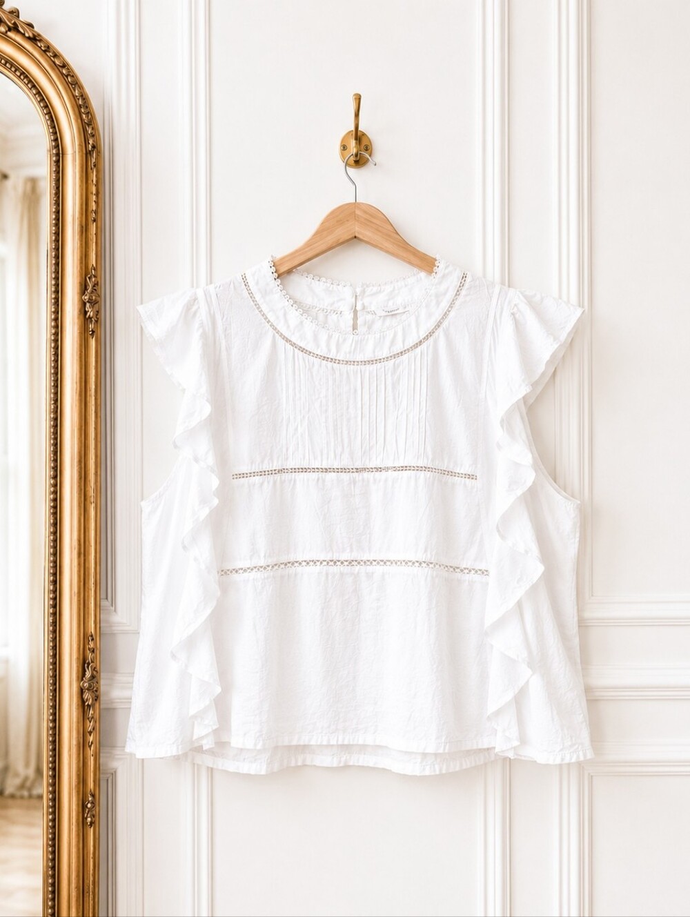 Jessica Simpson White Ruffle Blouse XL | 100% Cotton Flutter Sleeve Lace Trim - Picture 5 of 8